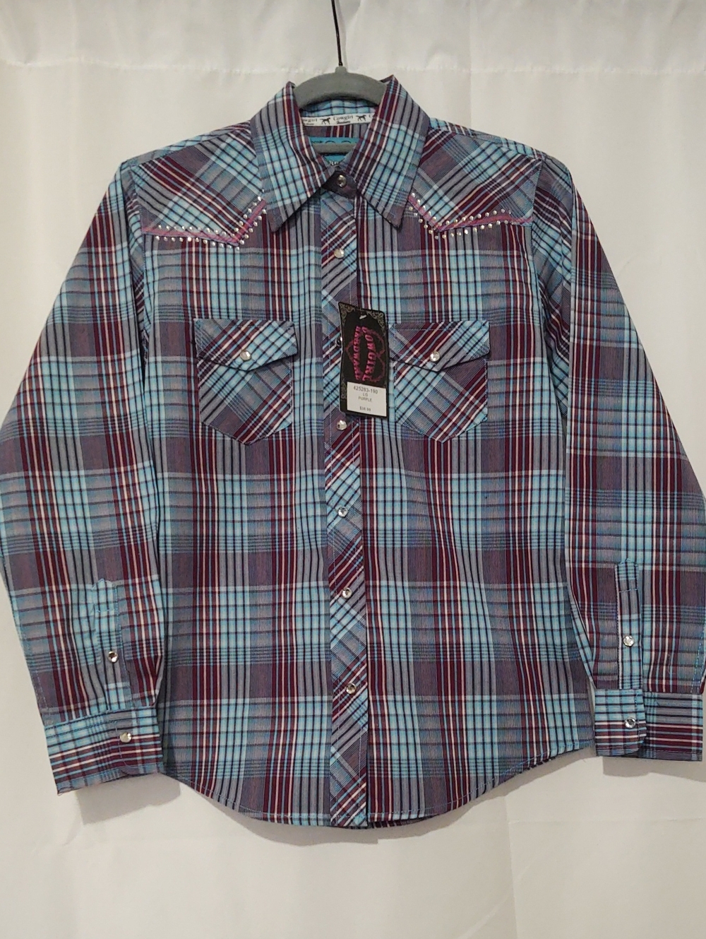Cowgirl Hardware Purple Plaid Western Button-Up Shirt with Embroidered Accent